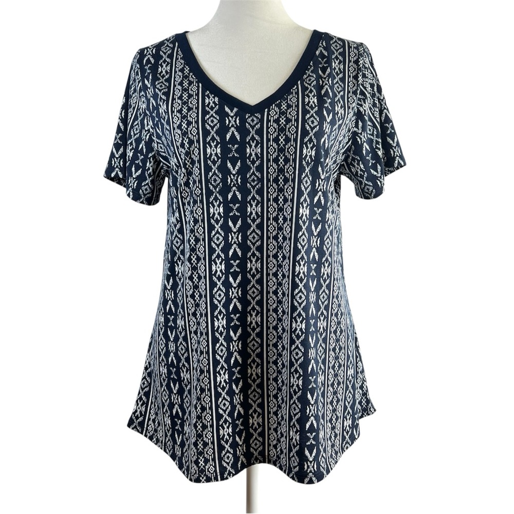 LuLaRoe Christy T Navy Blue and White Aztec Print High-Low Top Size Small